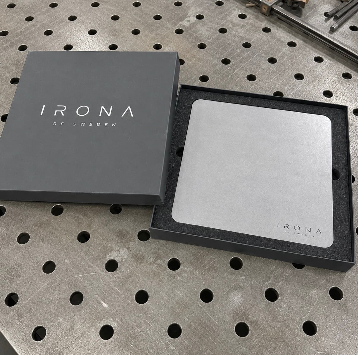 Irona 38 carbon steel baking plate in its branded box