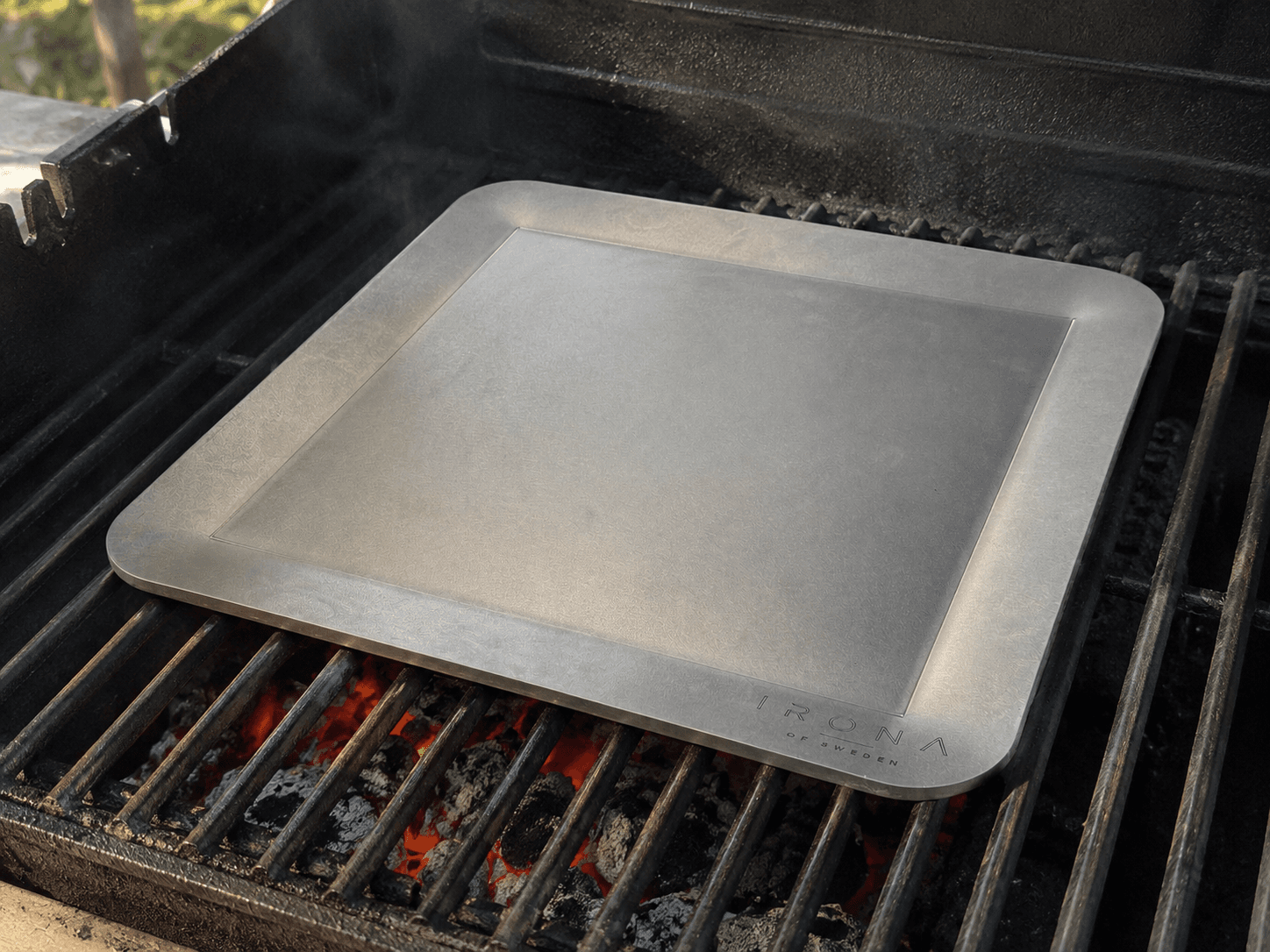 Irona 38 carbon steel griddle plate on the BBQ