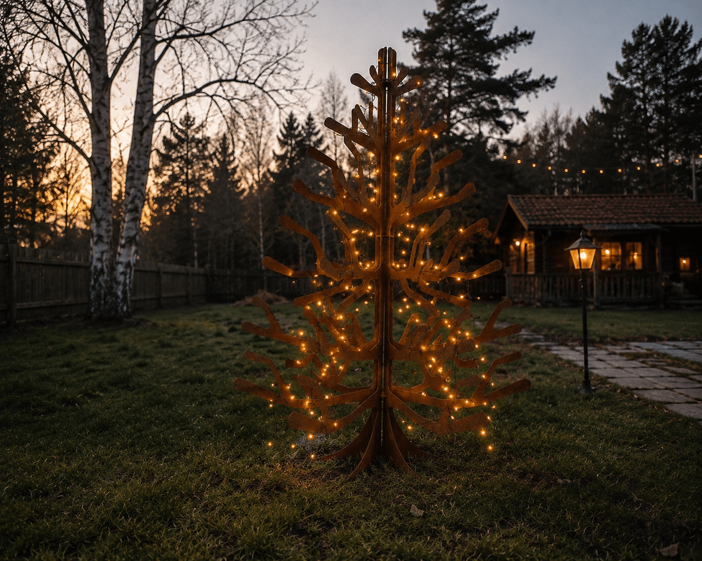 Laser-cut Corten steel Christmas tree — permanent outdoor installation, bespoke commission, Stockholm