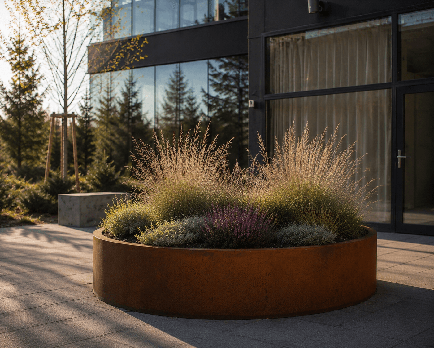 Oval Corten steel planter — bespoke commission for a commercial property, Stockholm