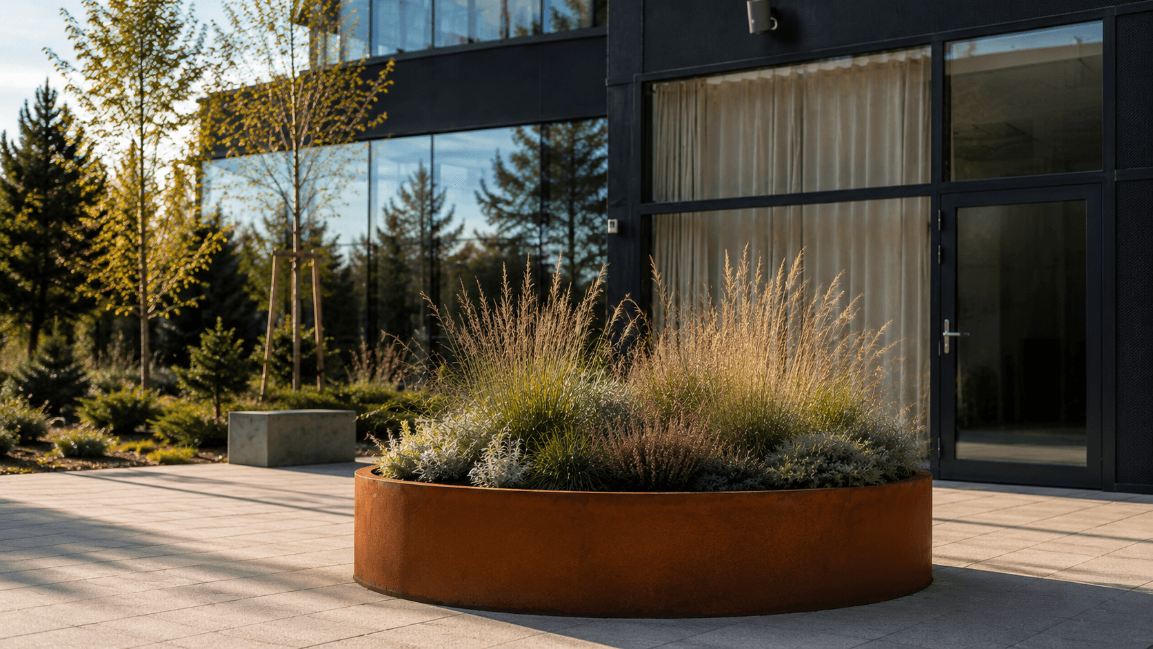 Oval Corten steel planter — bespoke commission for a commercial property, Stockholm