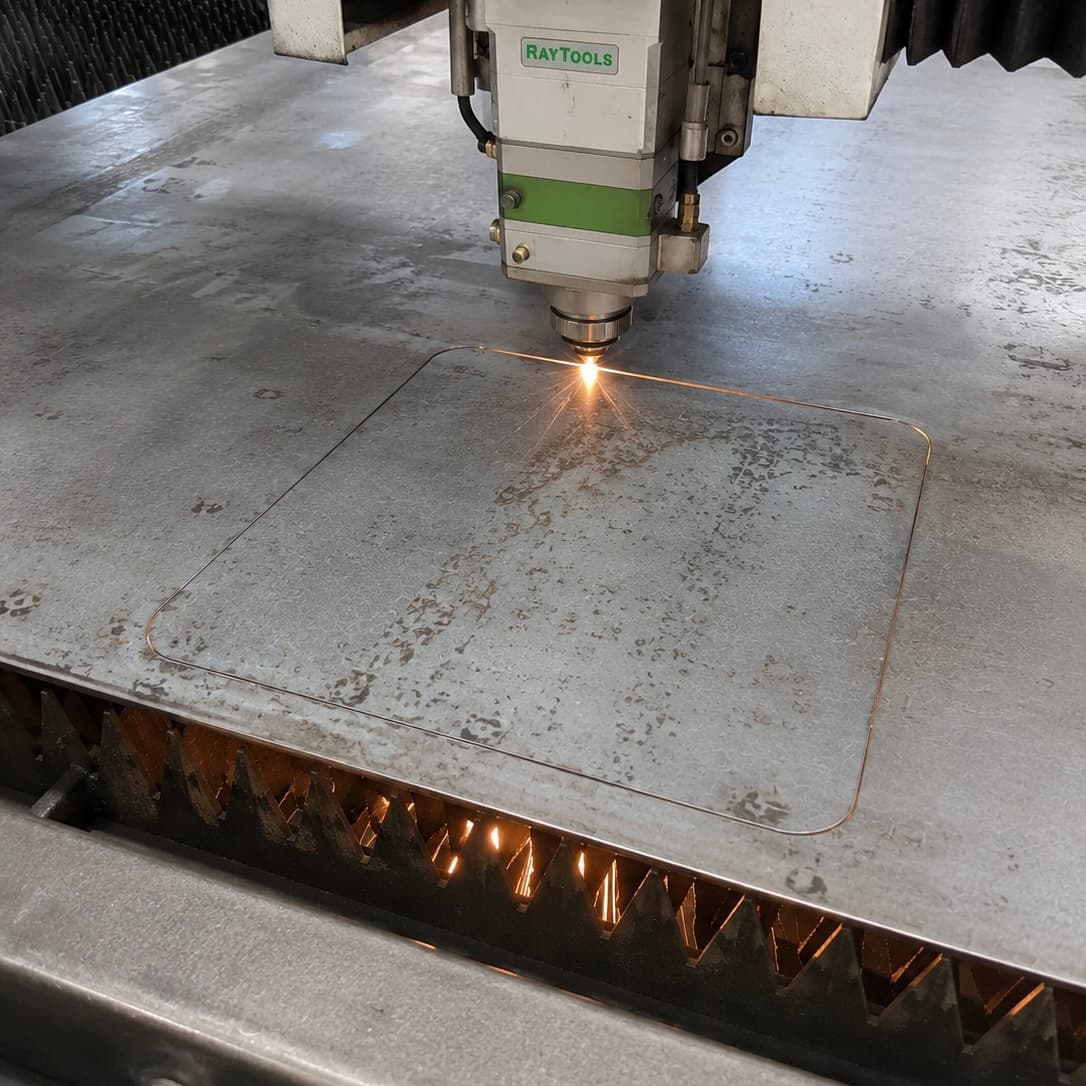 Laser cutting an Irona 38 carbon steel baking plate in the Stockholm workshop